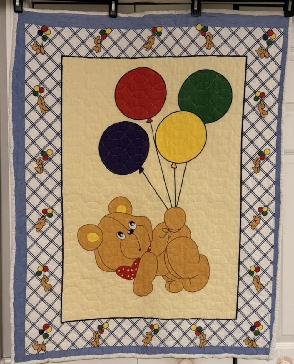 Vintage That’s Our Baby Quilt Baby Blanket Bear Balloons Crib 32x40 Vintage Blue
